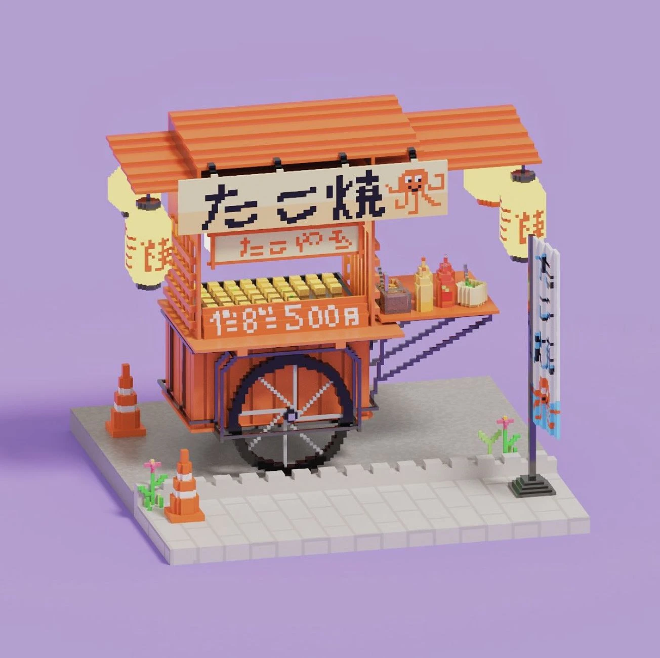 3D render of a takoyaki food stall