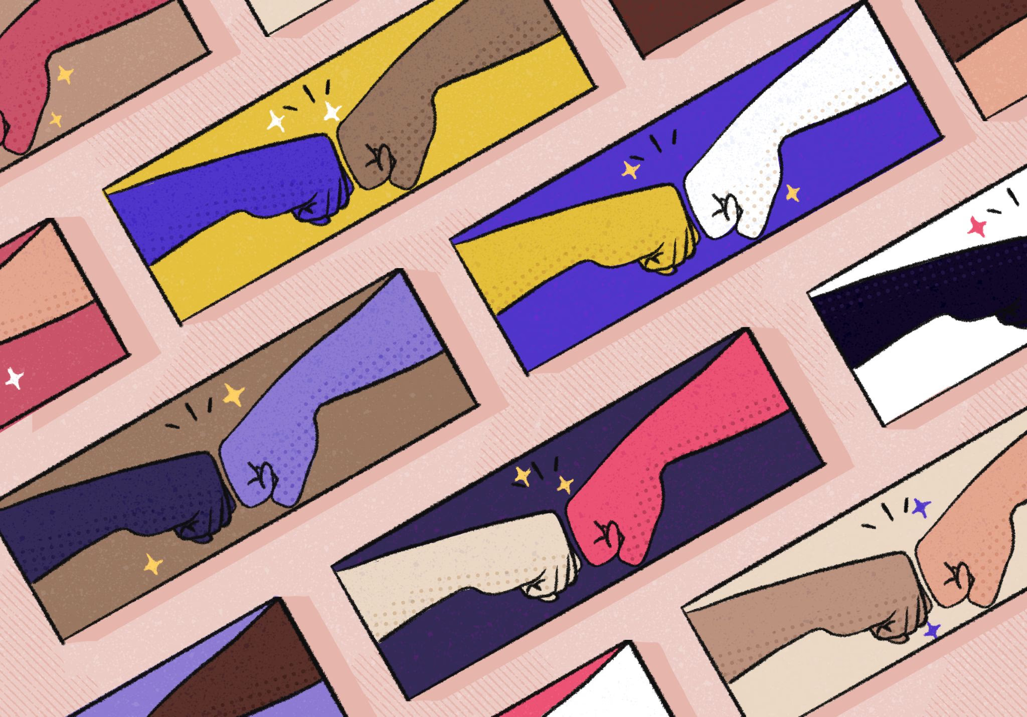 Illustration of hands in a colourful comic-panel style